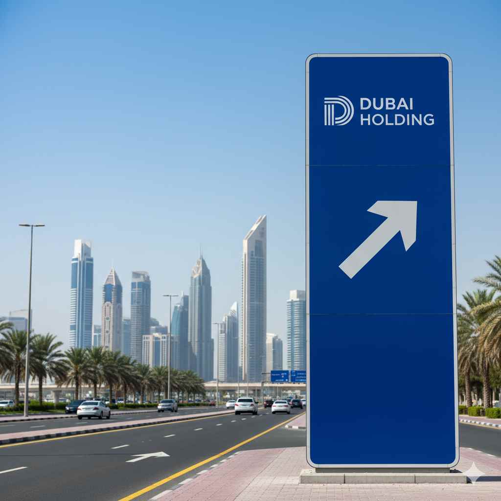 A professional directional street sign displaying the Dubai Holding logo and name outside a modern corporate building in Dubai.