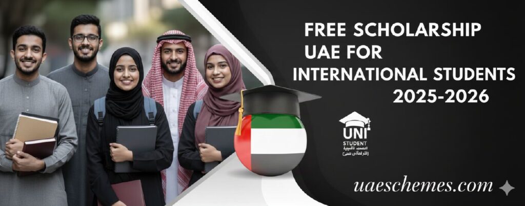 International students smiling with UAE flag and graduation cap, showcasing Free Scholarship in UAE 2025-2026 opportunities on uaeschemes.com